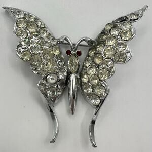 Vintage 1940s silver tone rhodium plated clear red rhinestones butterfly brooch